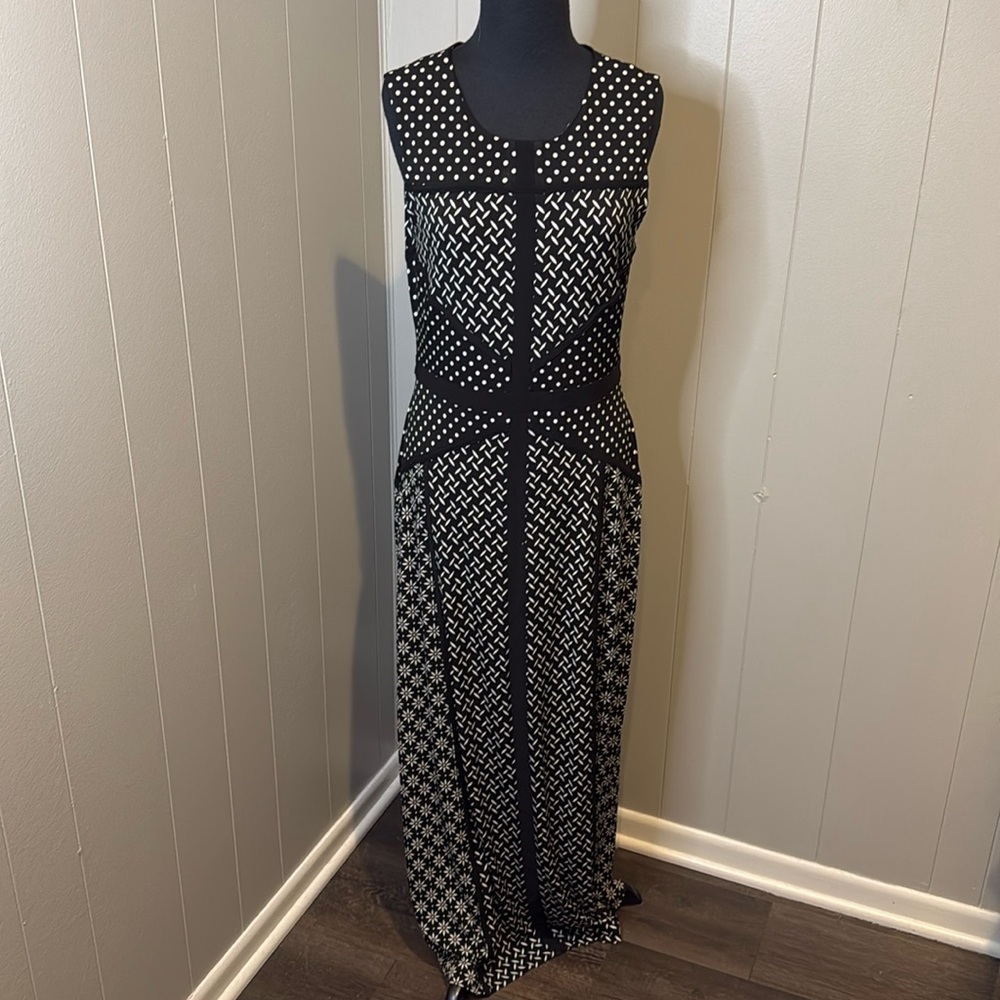 TAYLOR women’s 10 black white multi print polka dot sleeveless knit maxi dress - Picture 1 of 6